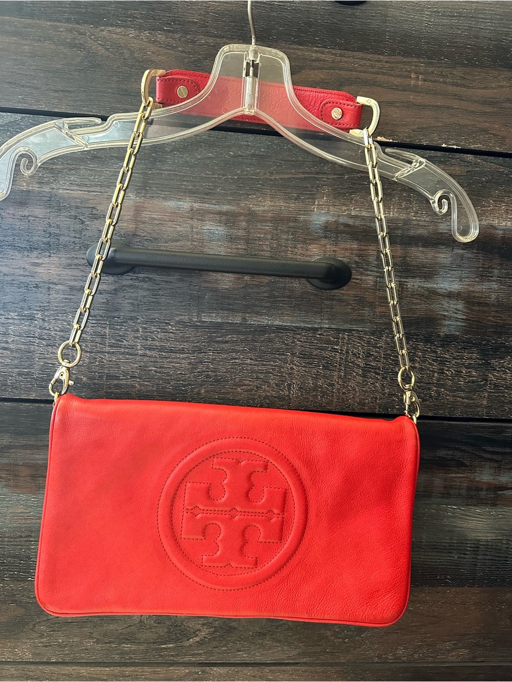 Tory Burch Red Leather Logo Chain Crossbody